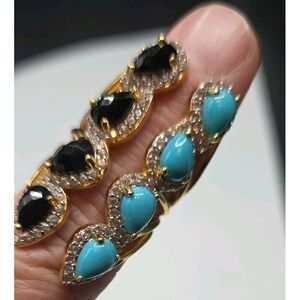 Sterling Silver Gold Vermeil Turquoise Black Spinel CZ  Long Statement Ring Sz 7